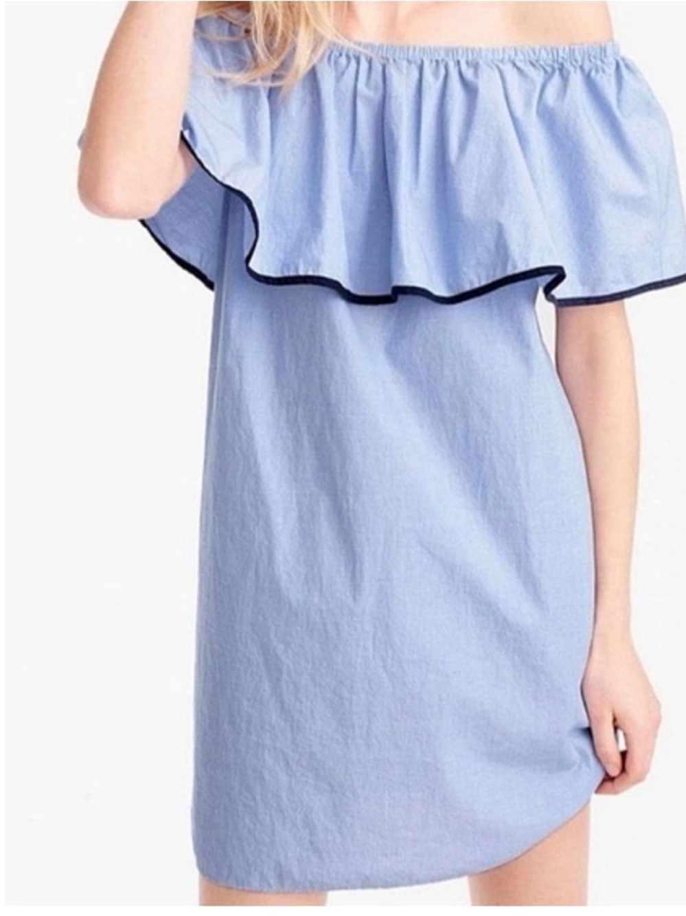 J. Crew Light Blue Off-Shoulder Ruffle Dress with Navy Trim